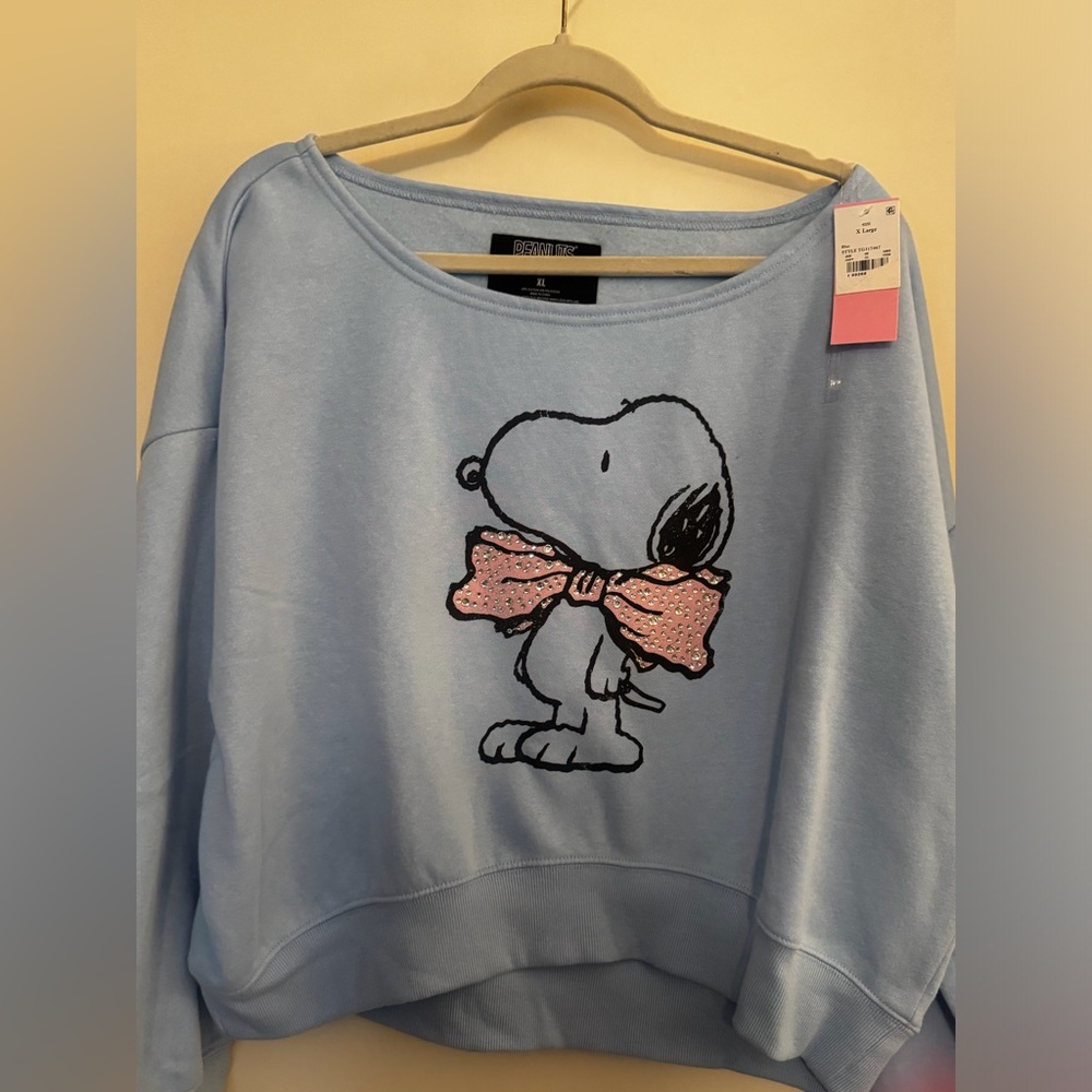 Peanuts Light Blue Sweatshirt with Pink Sequin Bow Graphic